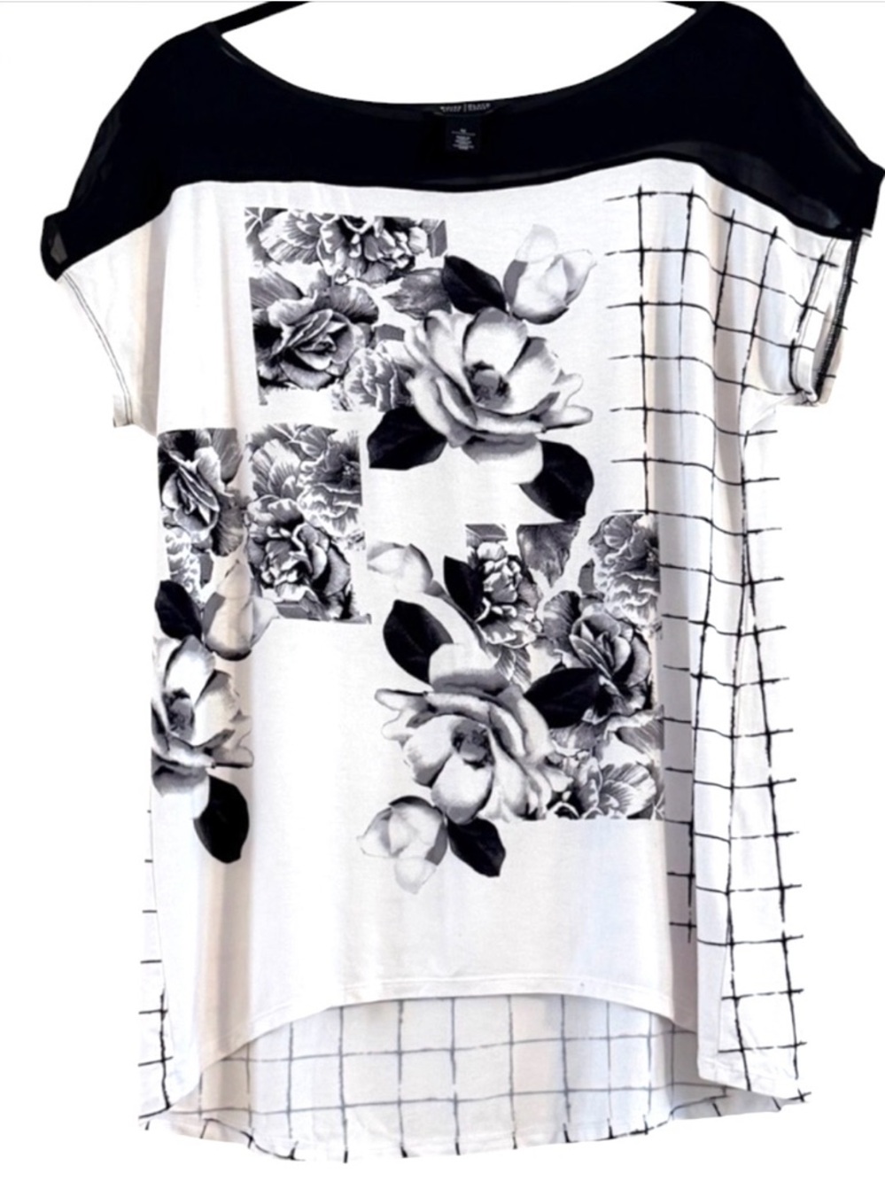 WHBM Black White Floral Grid Mesh Accent Hi-Lo Top Size L